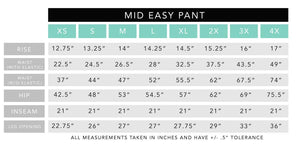 Mid Easy Pant size chart