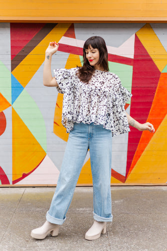 Mushroom Top in Black & White Floral Linen (RTS)