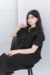 Boxy Collared Top in Black Linen (RTS)