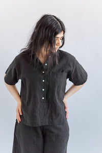 Boxy Collared Top in Black Linen (RTS)