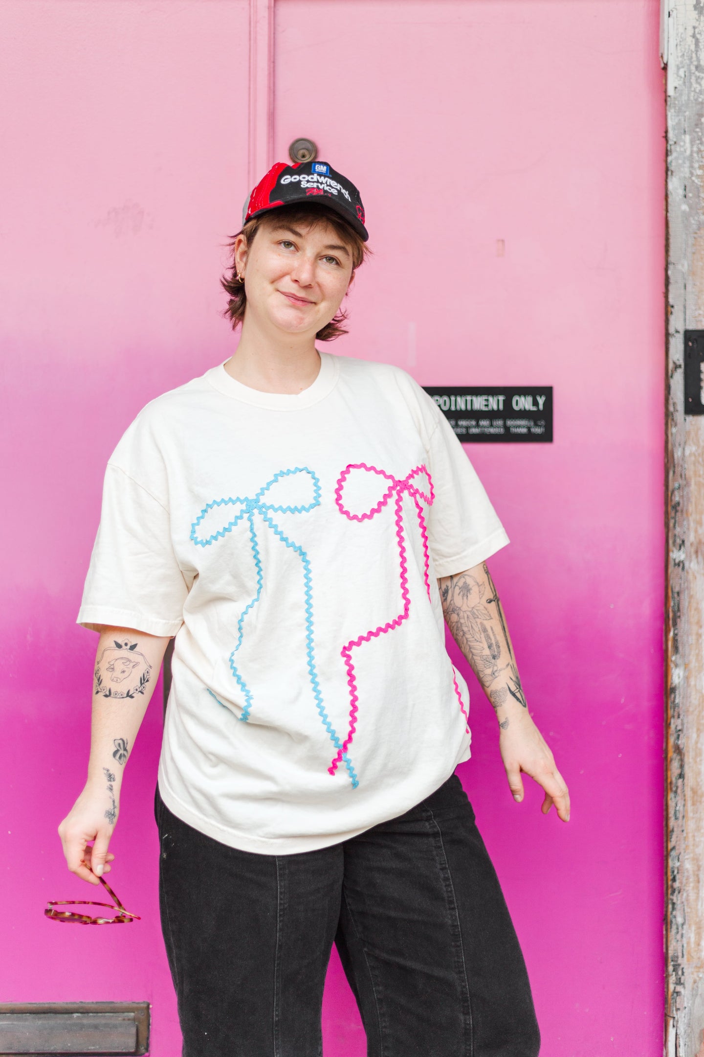 Double Bow T-Shirt - White/Pink/Blue - XL (RTS)