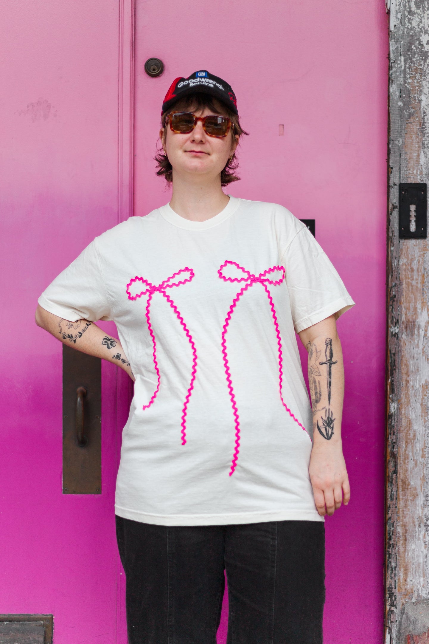 Double Bow T-Shirt - White/Pink/Pink - Large (RTS)