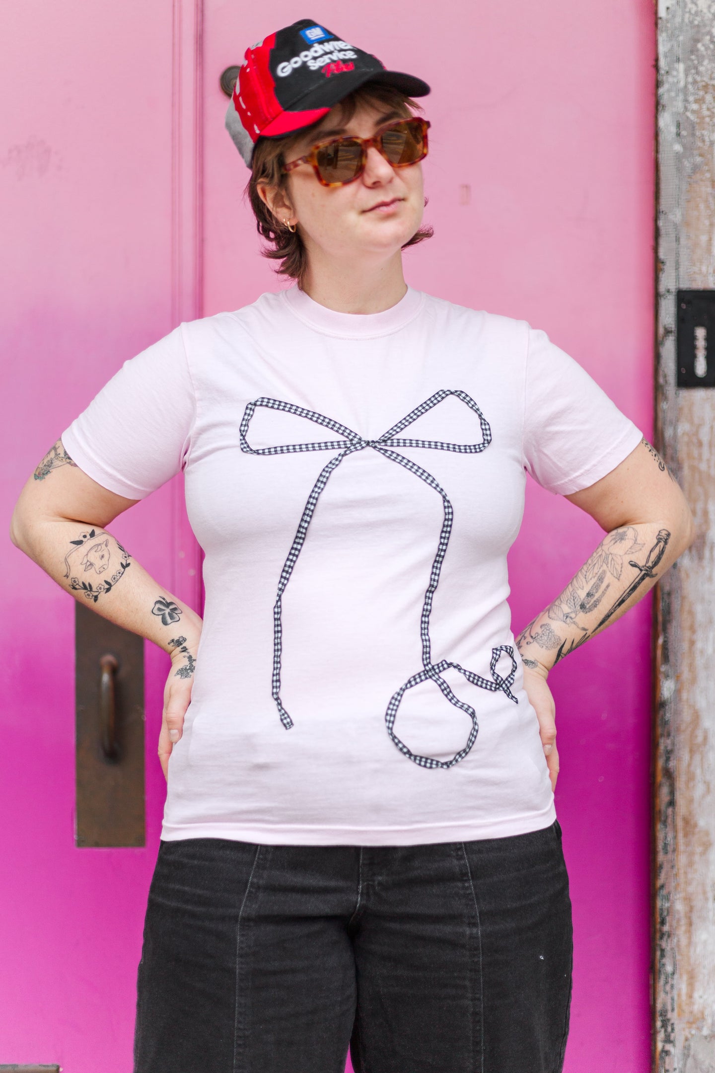 Bow T-Shirt - Pink/Black Gingham - Small (RTS)