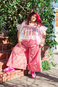 Mid Easy Flare in Red/White Gingham Cotton Linen