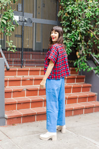 Boxy Collared Top in Red/Blue Plaid Flannel (RTS)