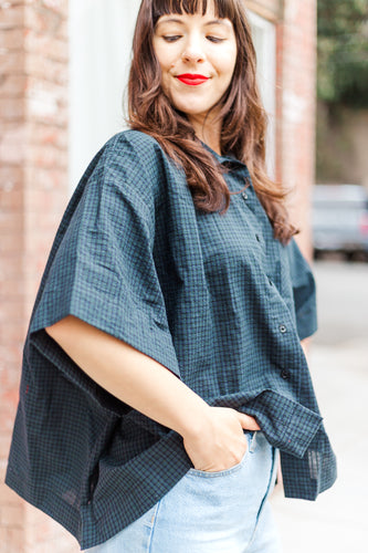 Boxy Collared Top in Blue/Green Plaid (RTS)