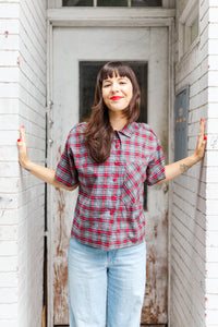 Boxy Collared Top in Red/Gray Plaid Flannel (RTS)