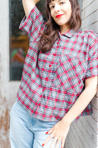 Boxy Collared Top in Red/Gray Plaid Flannel (RTS)