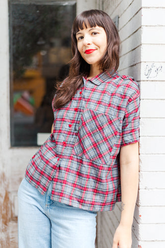 Boxy Collared Top in Red/Gray Plaid Flannel (RTS)