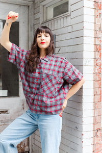 Boxy Collared Top in Red/Gray Plaid Flannel (RTS)