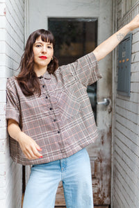 Boxy Collared Top in Brown Plaid Flannel (RTS)