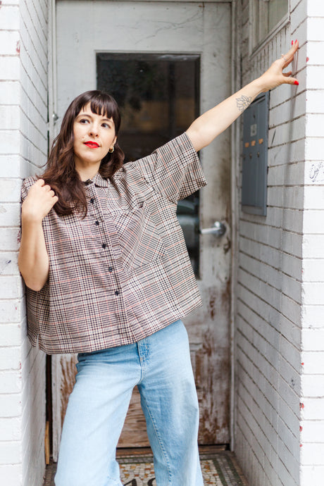 Boxy Collared Top in Brown Plaid Flannel (RTS)