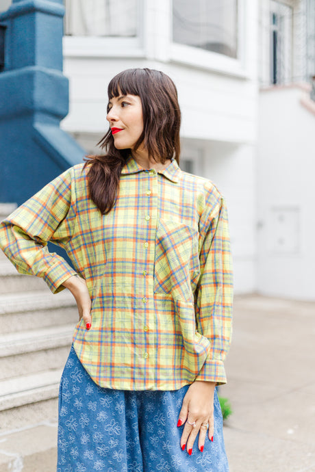 Soft Volume Long Sleeve Top in Yellow Plaid Flannel (RTS)