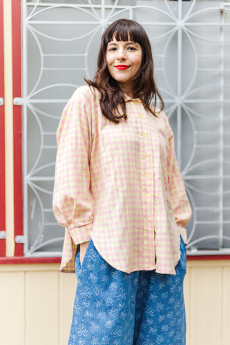 Soft Volume Long Sleeve Top in Pink/Yellow Plaid Flannel (RTS)