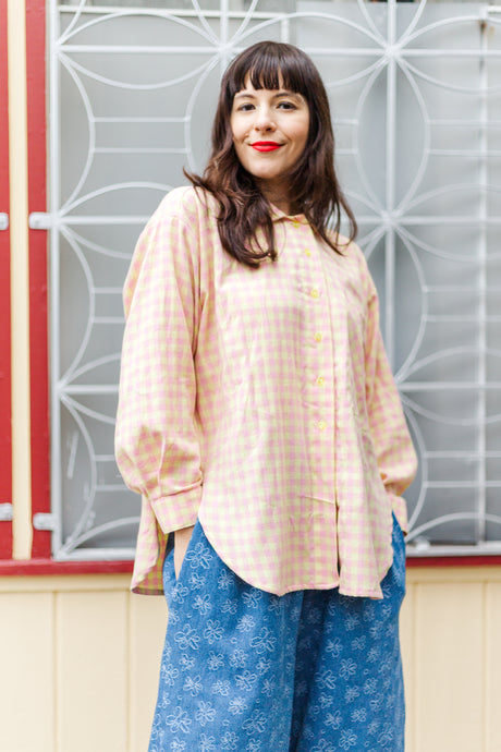 Soft Volume Long Sleeve Top in Pink/Yellow Plaid Flannel (RTS)