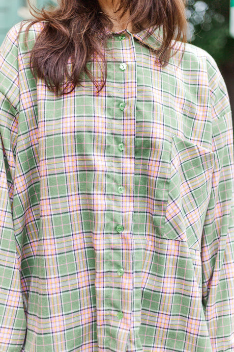 Soft Volume Long Sleeve Top in Green/Pink Plaid Flannel (RTS)