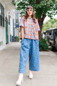 Boxy Collared Top in Rust/Blue Plaid Flannel (RTS)