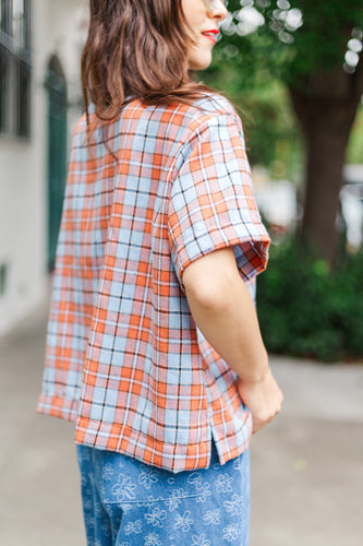 Boxy Collared Top in Rust/Blue Plaid Flannel (RTS)