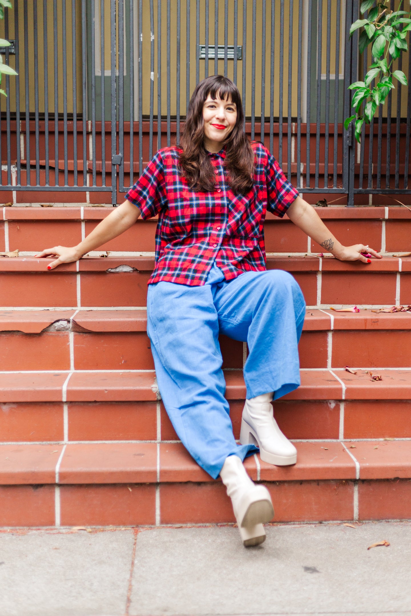 Boxy Collared Top in Red/Blue Plaid Flannel (RTS)