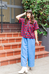 Boxy Collared Top in Red/Blue Plaid Flannel (RTS)