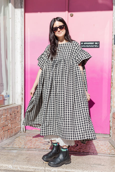 Mushroom Dress in Black/Tan Gingham (RTS)