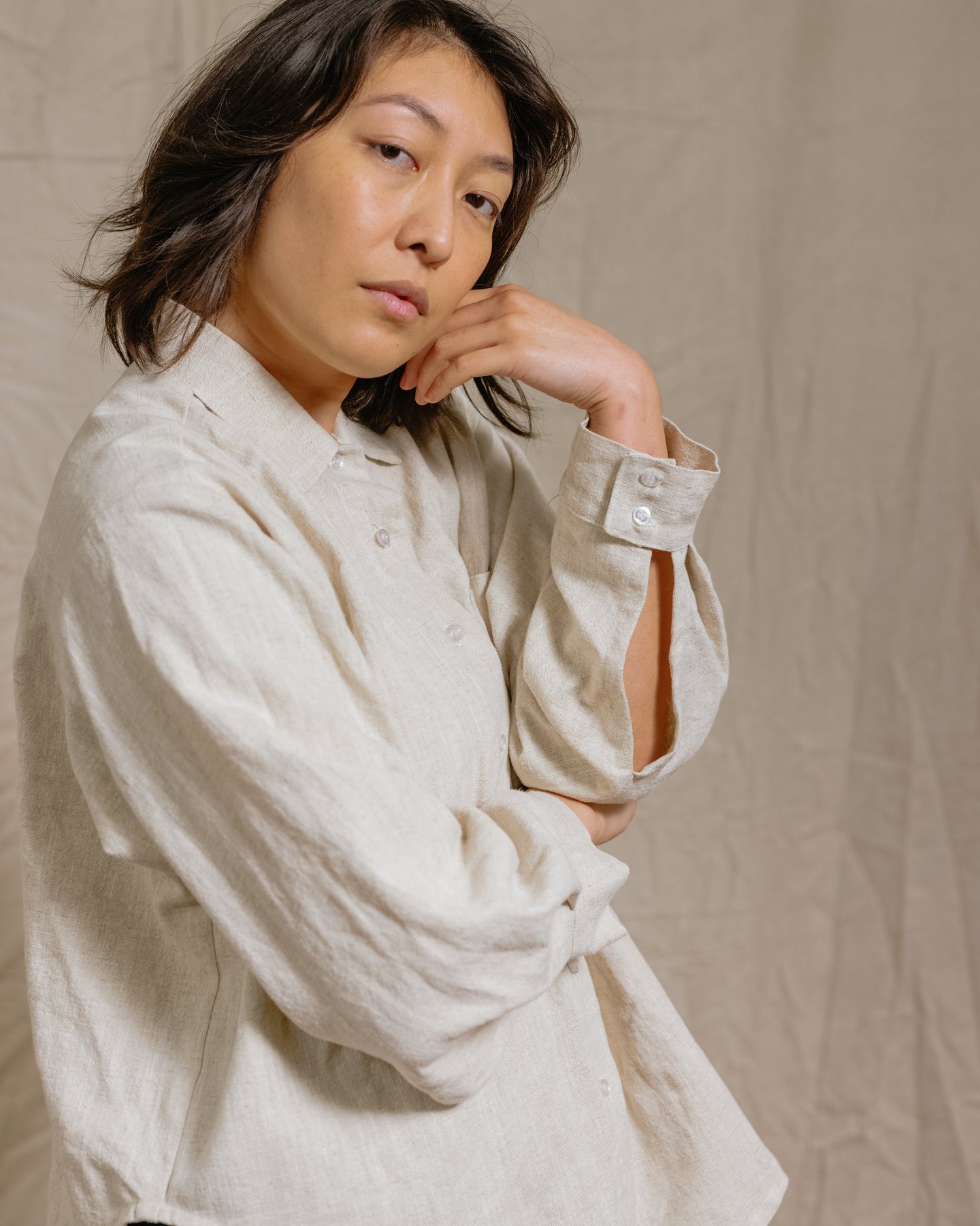 Soft Volume Long Sleeve Top in Oat Milk Linen (RTS)