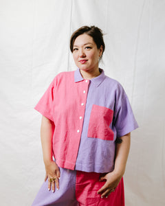 Boxy Collared Top in Lavender + Carnation Pink Linen