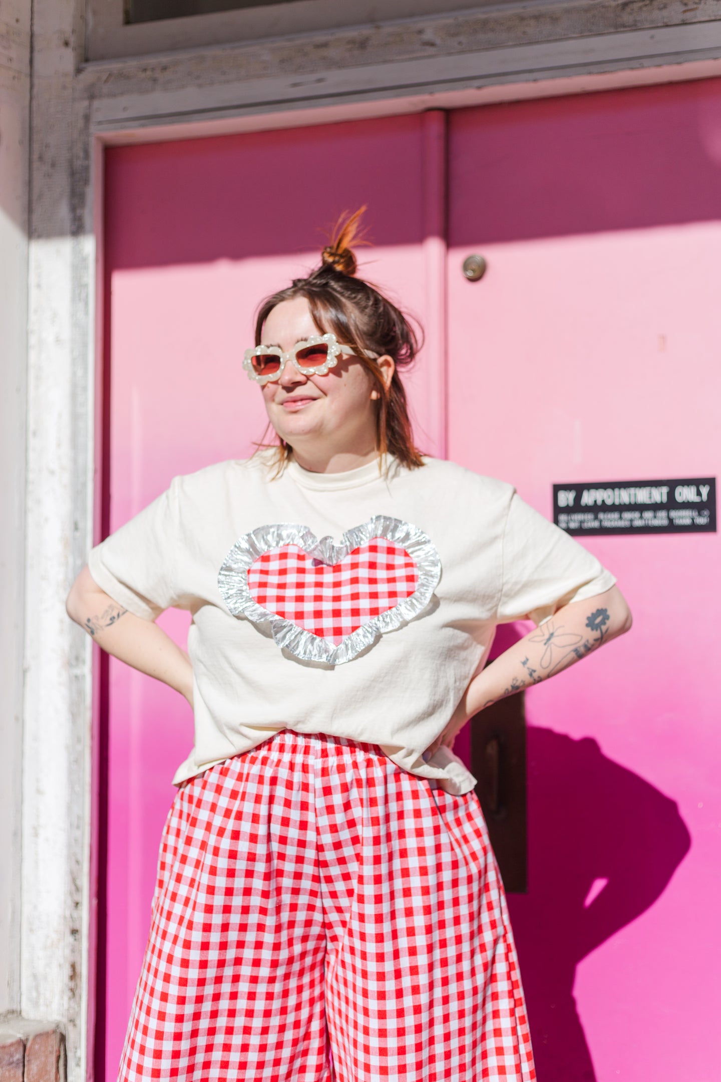 Heart T-Shirt - Cream/Red Gingham Ruffle - Size XL (RTS)