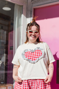 Heart T-Shirt - Cream/Red Gingham Ruffle - Size XL (RTS)