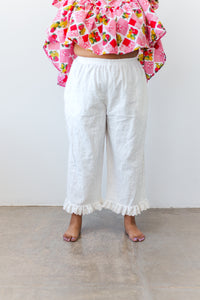 Mid Easy Ruffle Pant in White Linen - Nettle Studios