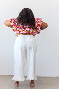 Mid Easy Ruffle Pant in White Linen - Nettle Studios