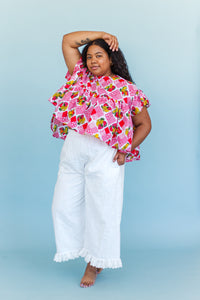 Mid Easy Ruffle Pant in White Linen - Nettle Studios