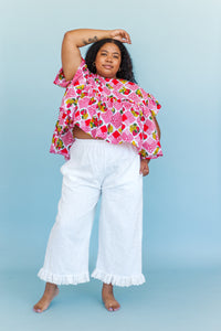 Mid Easy Ruffle Pant in White Linen - Nettle Studios