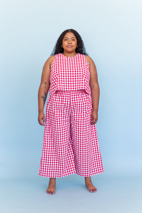 Mid Easy Flare in Red/White Gingham Cotton Linen (RTS)